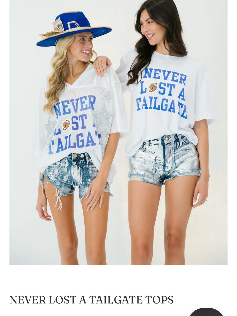 Judith March White 'Never Lost a Tailgate' Short Sleeve Tee with Blue Lettering